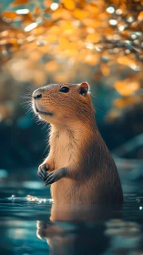 Golden hour capybara dreaming in a rippled forest pool.