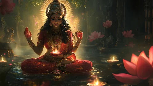 Radiant goddess in red sari surrounded by lotus lanterns.