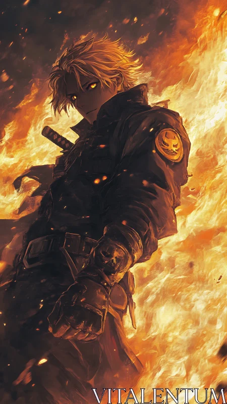 Pyrokinetic swordsman in tactical gear amid inferno field.
