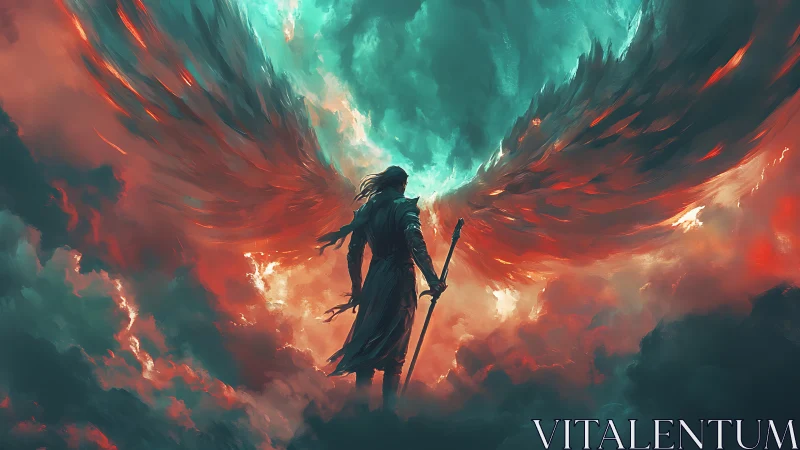 Winged figure stands with sword amid contrasting storm clouds
