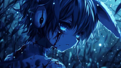 Bleeding blue-eyed bunny youth in nocturnal anime marsh.