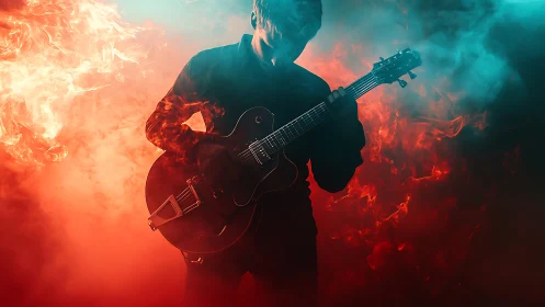 Guitarist carves molten riffs through swirling neon fire