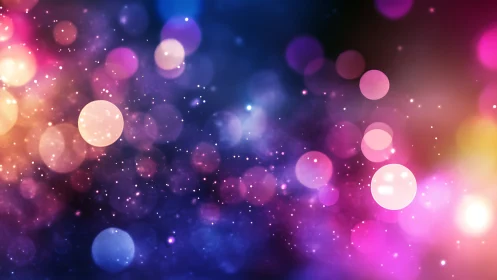Multicolored bokeh light spheres on dark gradient background.