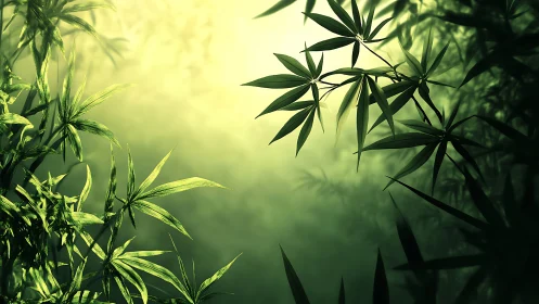 Luminous bamboo foliage in soft green atmospheric light.