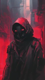 Cybernetic rogue in red neon alley with glowing visor eyes.