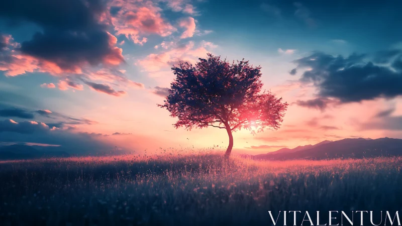 Solitary tree under vivid sunset sky in open meadow.
