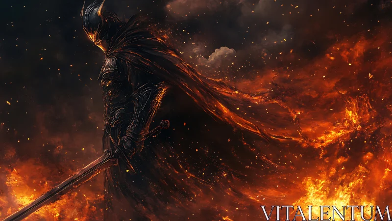 Armored dark knight with flaming sword amid inferno.