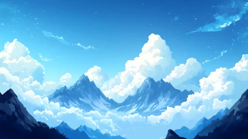 Atmospheric perspective over stylized alpine ridge system.
