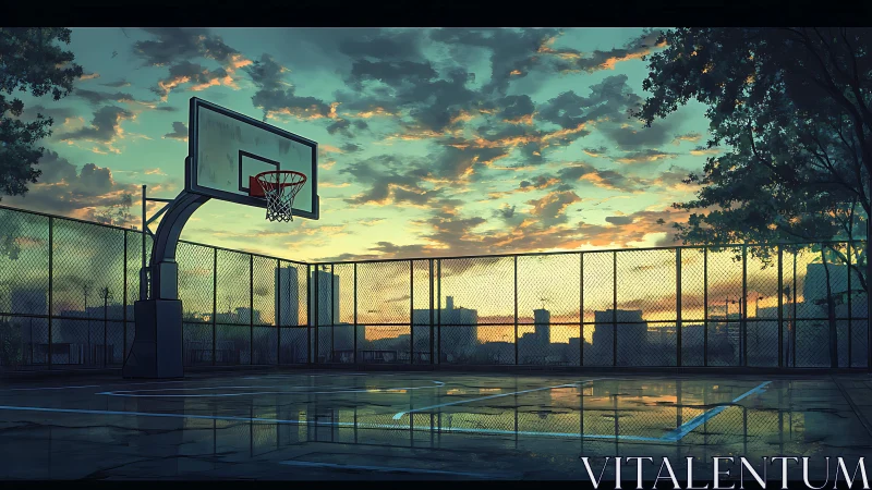 Anime urban court at dawn with reflective wet surface study.