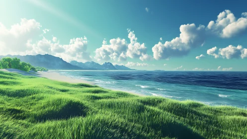 Sunlit coastal meadow rolls toward a calm turquoise sea