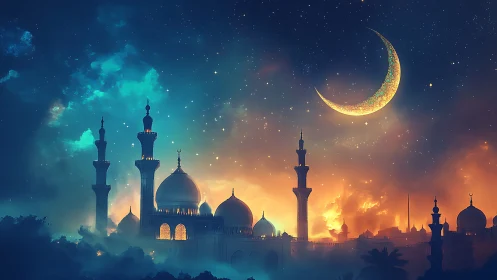 Crescent moon glows above luminous domed night mosque