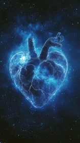 Glowing anatomical heart of blue energy floats in space