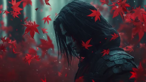 Solitary armored figure stands amid dense red foliage