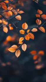 Amber leaves drift like quiet sparks in deep twilight hush.