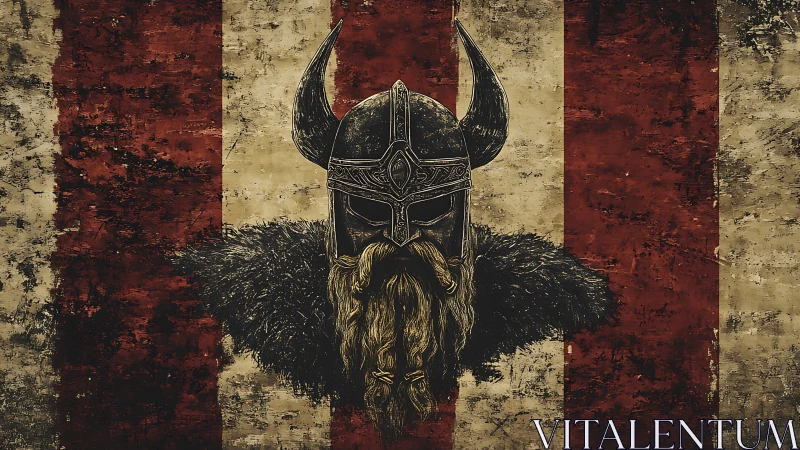 Viking warrior helm dominates weathered crimson banner.