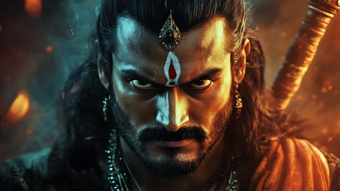 Intense warrior portrait with sacred mark and weapon.