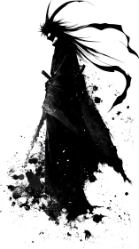 Ink-splatter silhouette of spectral swordsman in side profile