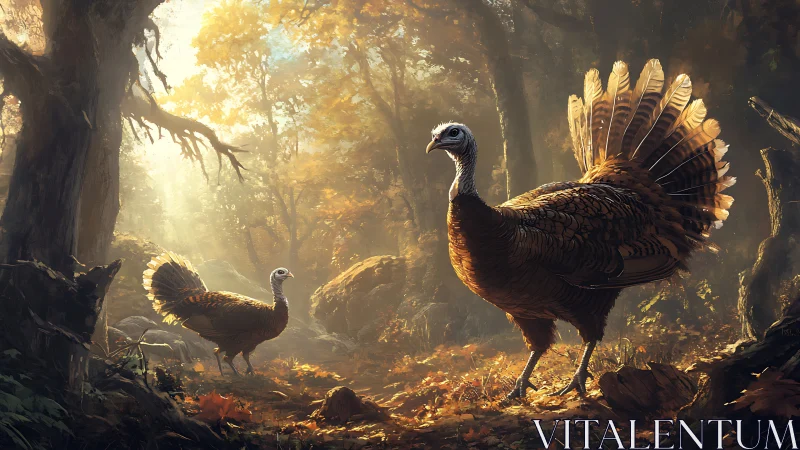 Golden forest turkeys wander softly through autumn light