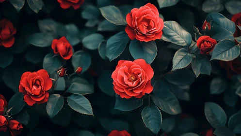 Red Roses Among Dark Foliage in Botanical Garden.