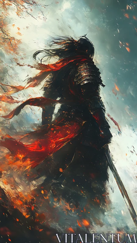 Lone samurai silhouette amid firelit autumn stormscape.