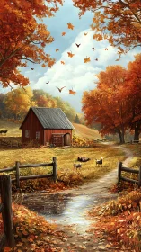 Autumn farm path curves past red barn and grazing goats.