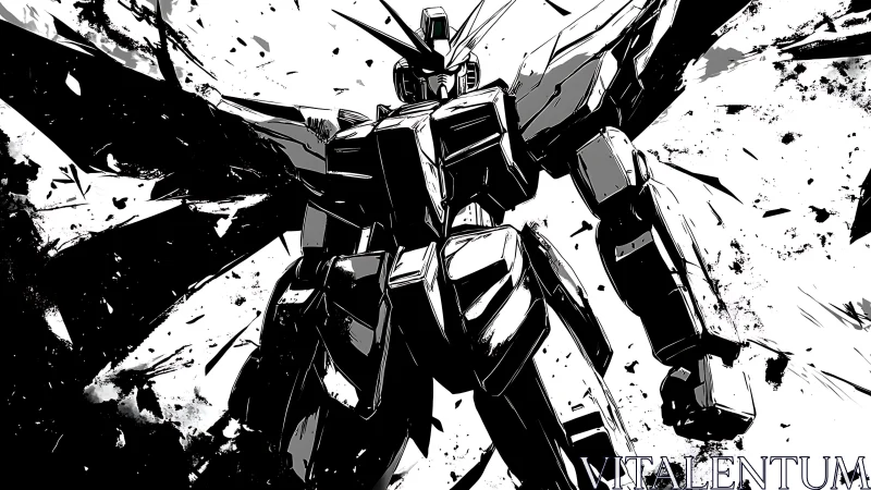 Ink-splattered mecha silhouette in high-contrast dynamic pose.