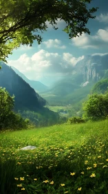 Layered alpine valley with luminous meadow depth mapping.