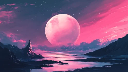 Luminous pink moon dominates neon-tinted alien seascape sky