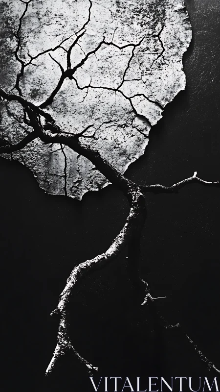 Cracked earth quietly blossoms into a single reaching branch