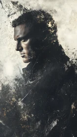 Male side profile in fragmented textured digital portrait.