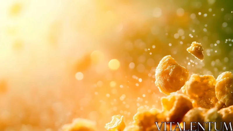 Golden cereal crumbles glow gently in bright morning light