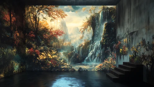 Interior wall landscape projection with waterfalls and trees.
