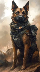 Armored shepherd dog in post‑apocalyptic wasteland portrait.