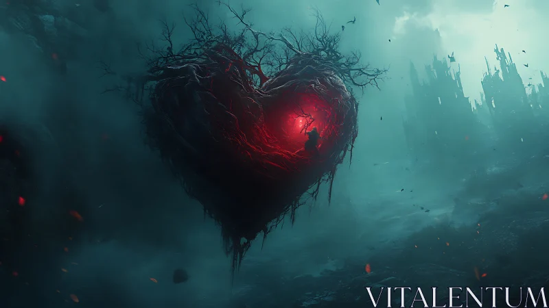 Dark heart cocoon glows over ruined mist kingdom.