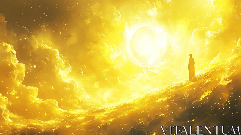 Solitary pilgrim drifting through a cascading golden sunstorm.