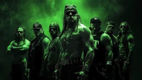 Cinematic green-lit metal band lineup under dramatic smoke.