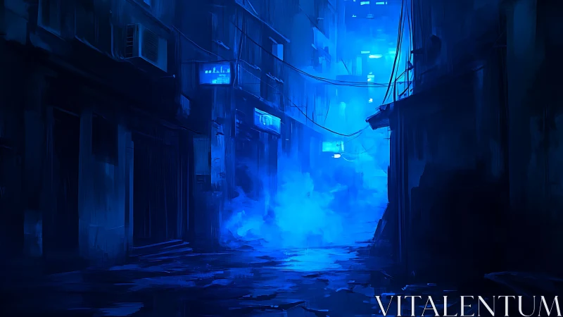 Neon fog swallows a lonely cyber alleyway in electric blue