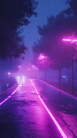 Neon-lit rainy street recedes into mist under magenta glow