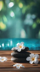 Spa stones and plumeria daydream beside turquoise waters.