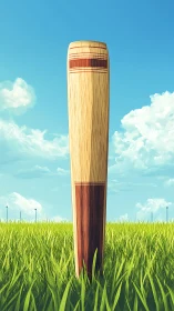 Cricket bat upright in sunlit grass under clear sky.