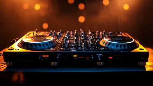 DJ controller on club stage with warm orange lights glow.