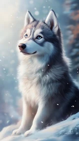 Husky with blue eyes sitting in soft winter snowfall.