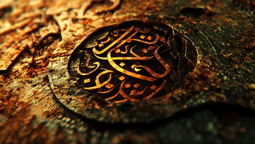 Circular Arabic calligraphy glows inside corroded metal surface