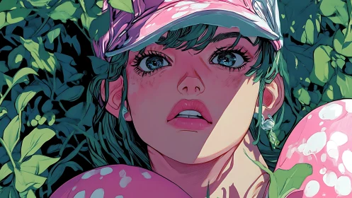 Anime girl in pink cap framed by lush green foliage.