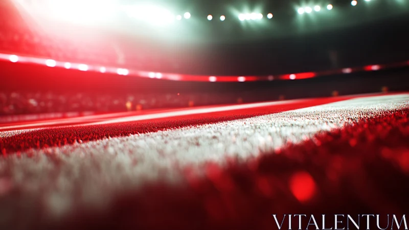Macro stadium turf stripe under intense red floodlighting