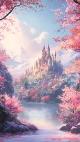 Fantasy mountain castle framed by pink blossom trees.