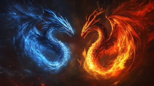Twin elemental dragons dance in swirling fire and frost