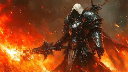Hooded hellfire knight striding through molten battlefield blaze.