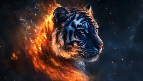 Fiery tiger portrait merged with swirling cosmic flames.