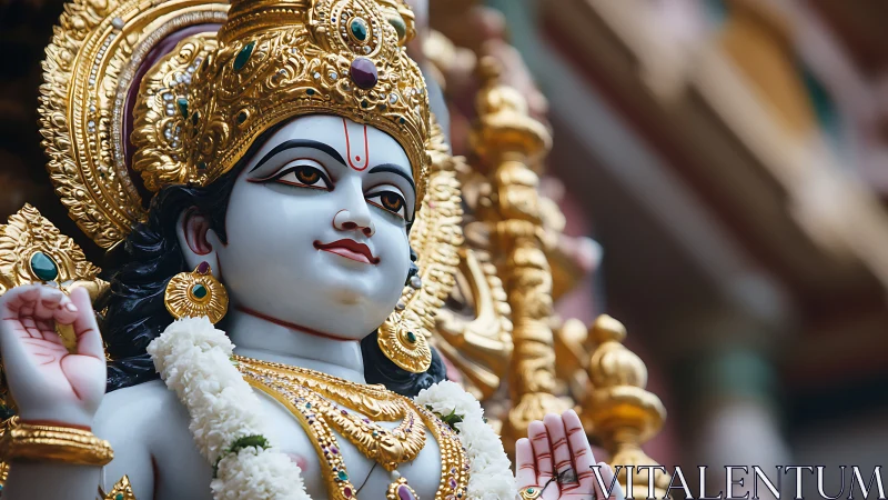 Photorealistic close-up of ornate Hindu deity sculpture.